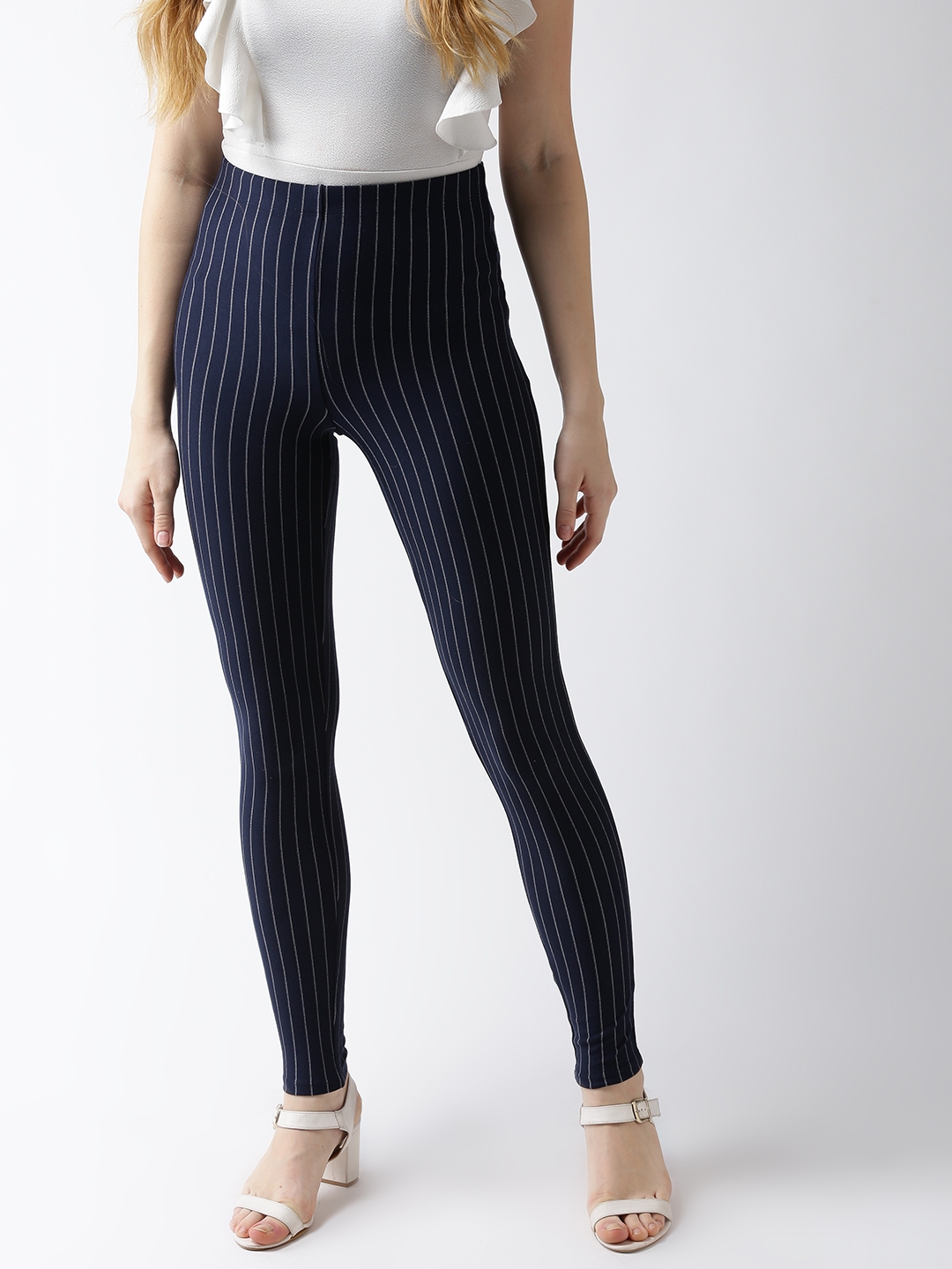 Buy FOREVER 21 Women Navy Blue & White Striped Leggings - Leggings for ...