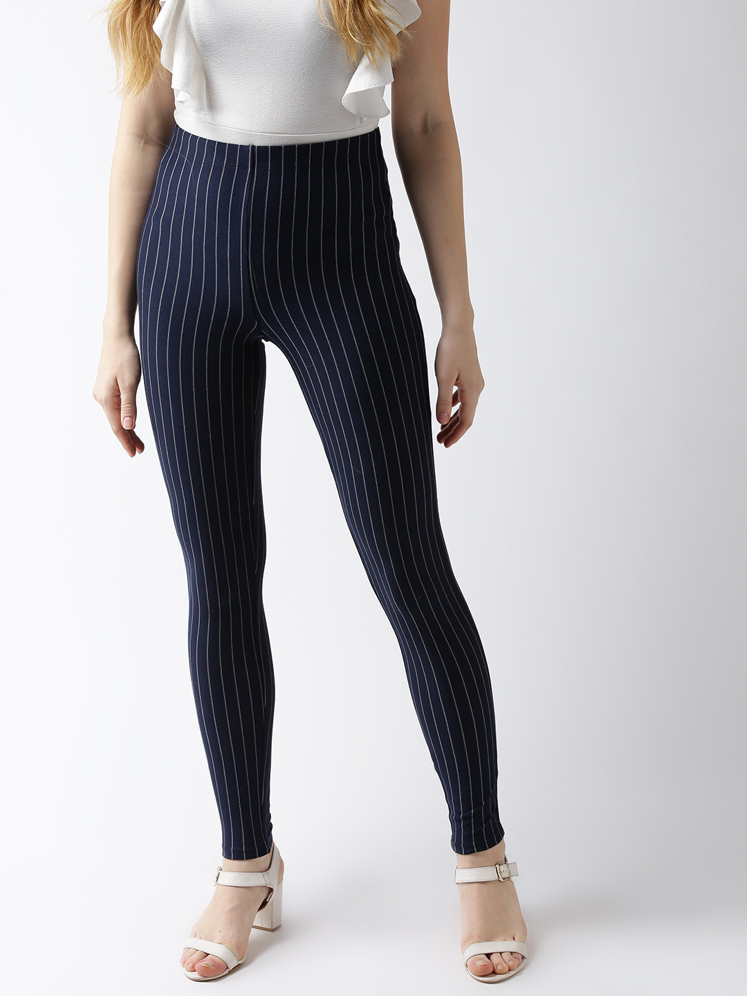 Buy FOREVER 21 Women Navy Blue & White Striped Leggings Leggings for