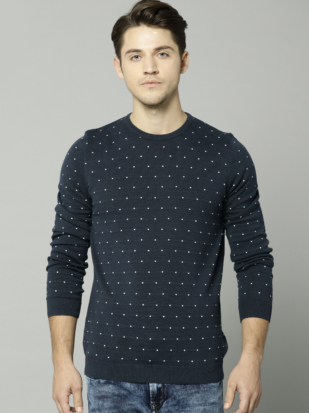 Buy Marks & Spencer Men Navy Blue Self Design Pullover Sweaters for