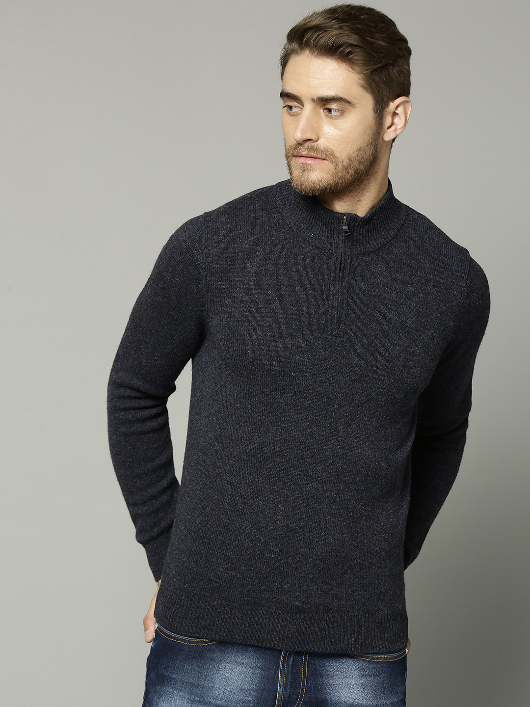 Buy Marks & Spencer Men Navy Blue Woollen Solid Pullover Sweaters for