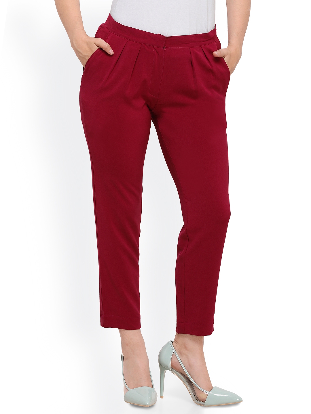 Buy Smarty Pants Women Maroon Peg Leg Tapered Fit Solid Peg Trousers ...