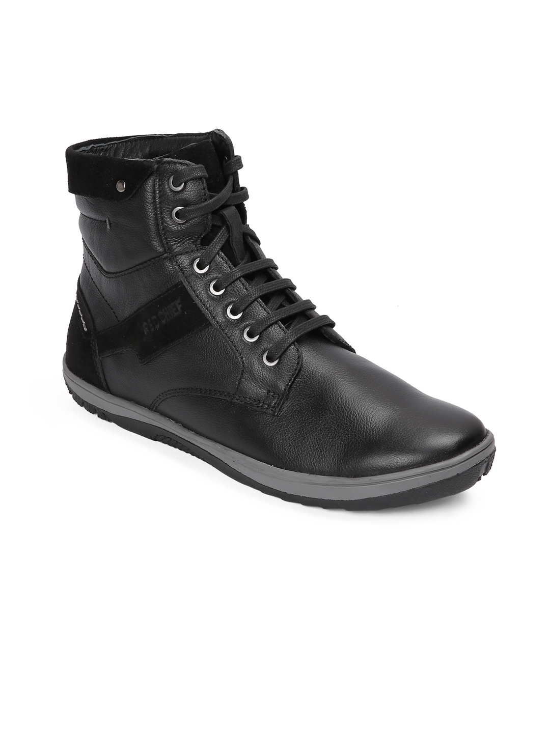 Buy Red Chief Men Black Solid Leather High Top Flat Boots Casual