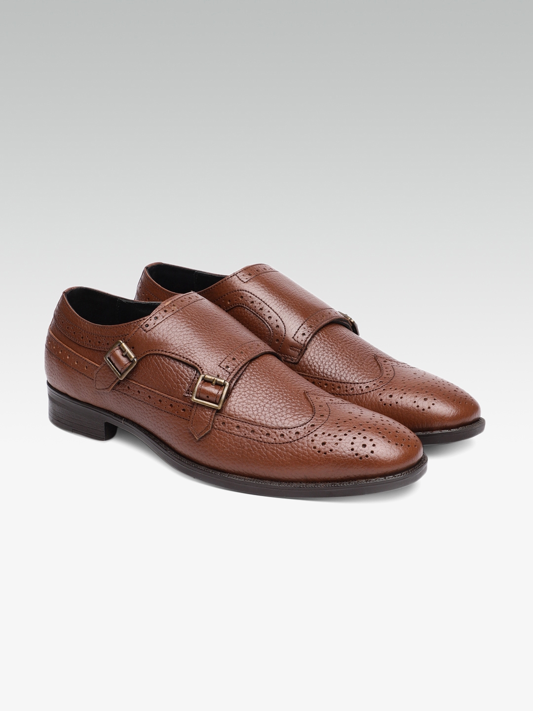 Buy Carlton London Men Brown Textured Leather Brogued Monk Shoes ...