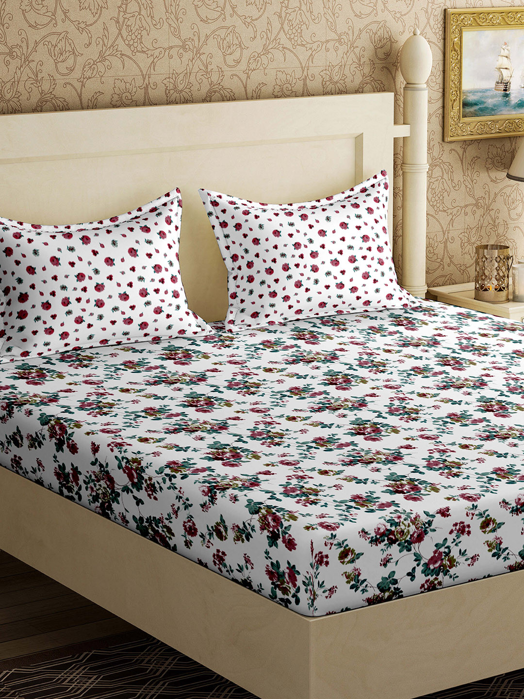 Buy EverHOME Green & White Floral Flat 144 TC Cotton 1 Double Bedsheet