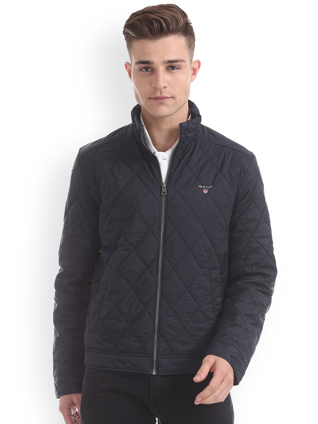 Gant Men Black Solid Full Sleeves Stand Collar Jacket