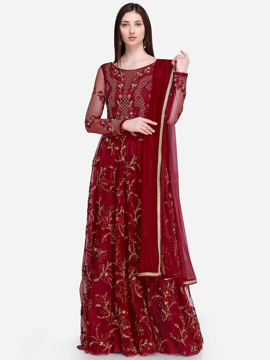 Buy Stylee LIFESTYLE Maroon Net Semi Stitched Dress Material Dress
