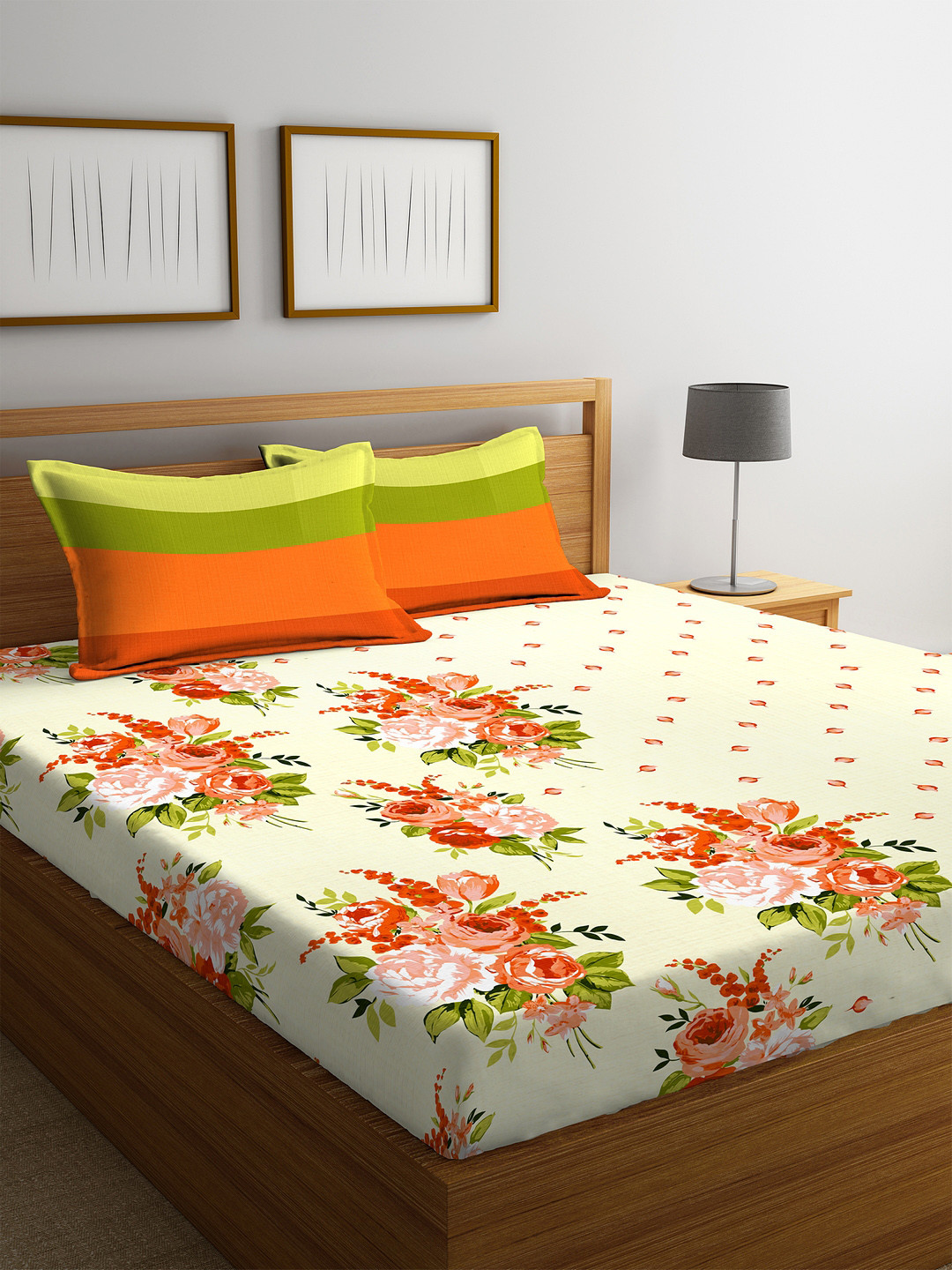 Buy Portico New York Beige & Red Floral Flat 144 TC Cotton 1 Queen