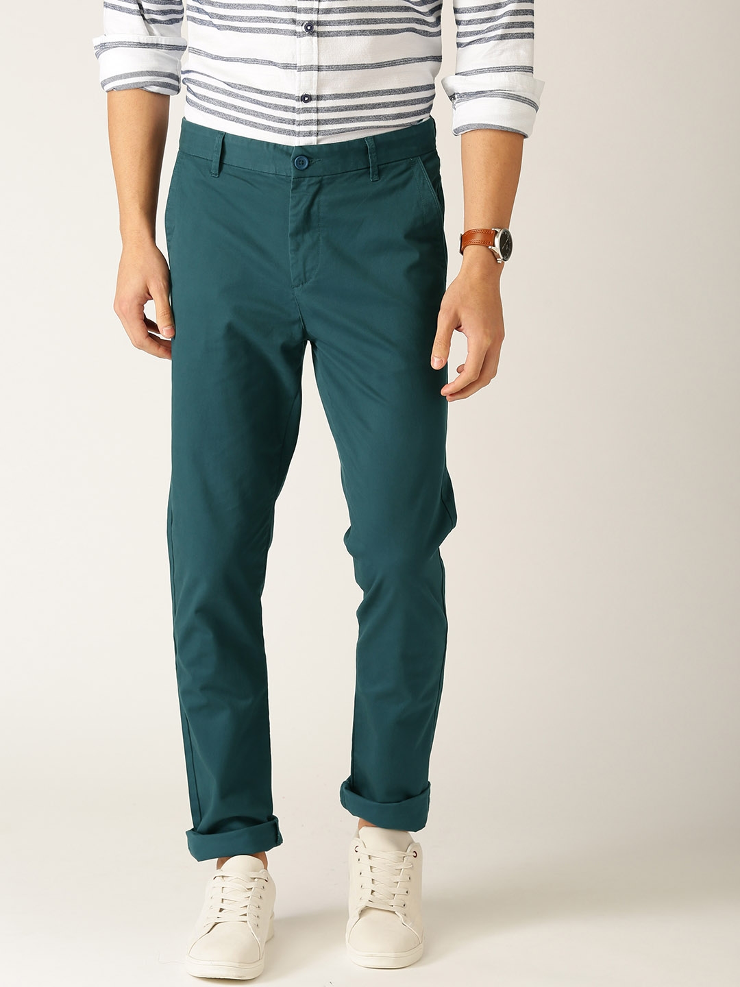 Buy United Colors Of Benetton Men Green Slim Fit Solid Regular Trousers ...