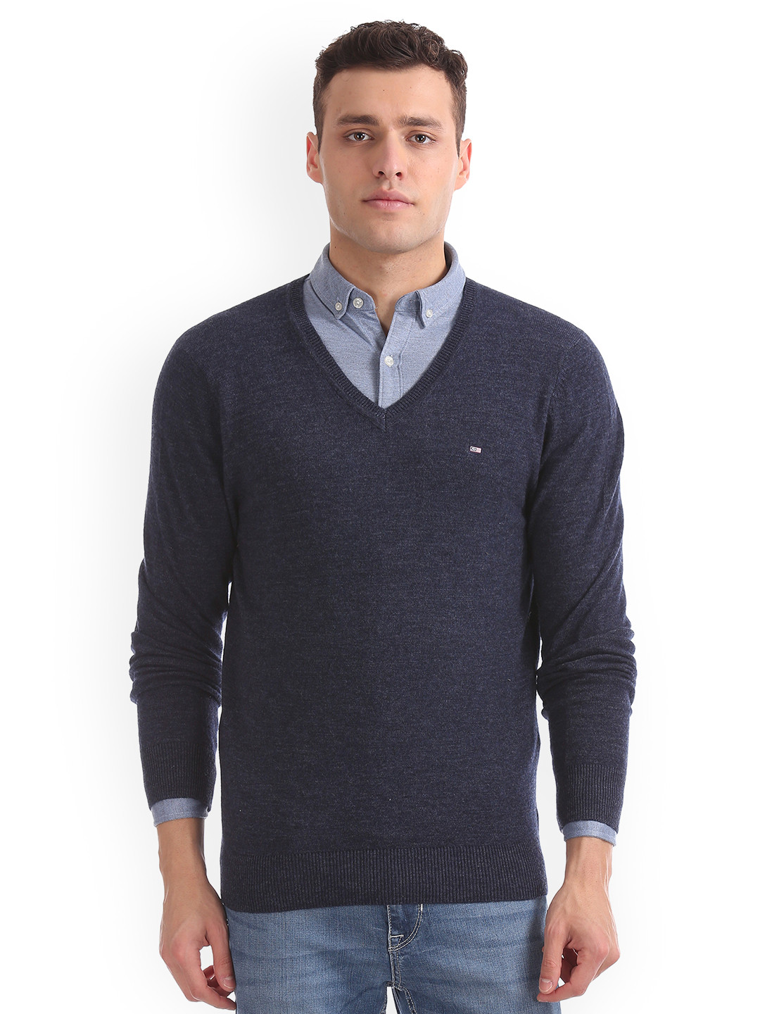 Buy Arrow Sport Men Navy Blue Solid Sweater Sweaters for Men 7717300