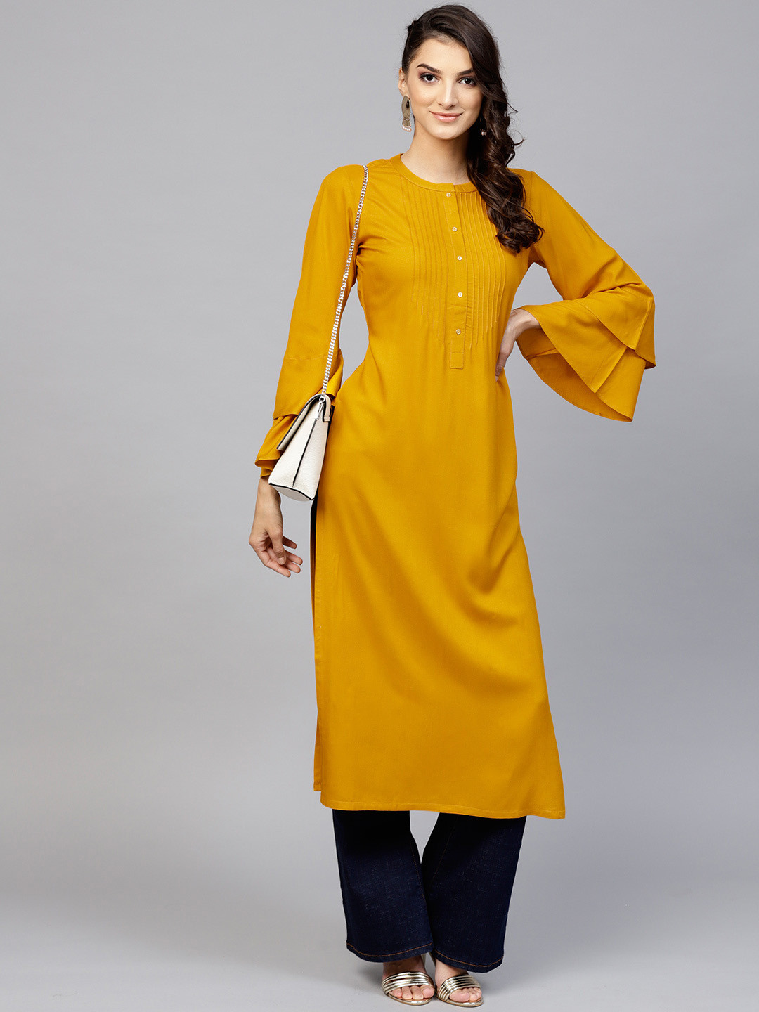 Buy Libas Women Mustard Yellow Solid Straight Kurta Kurtas for Women