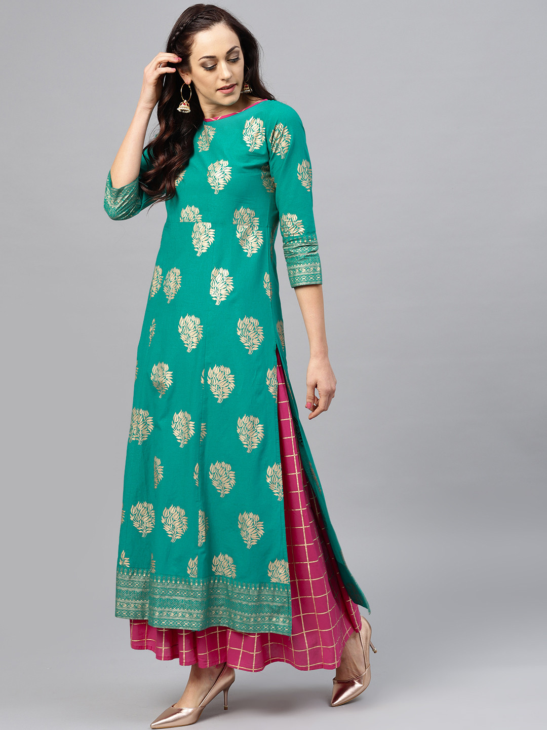 Buy Nayo Women Green & Pink Printed Kurta With Skirt