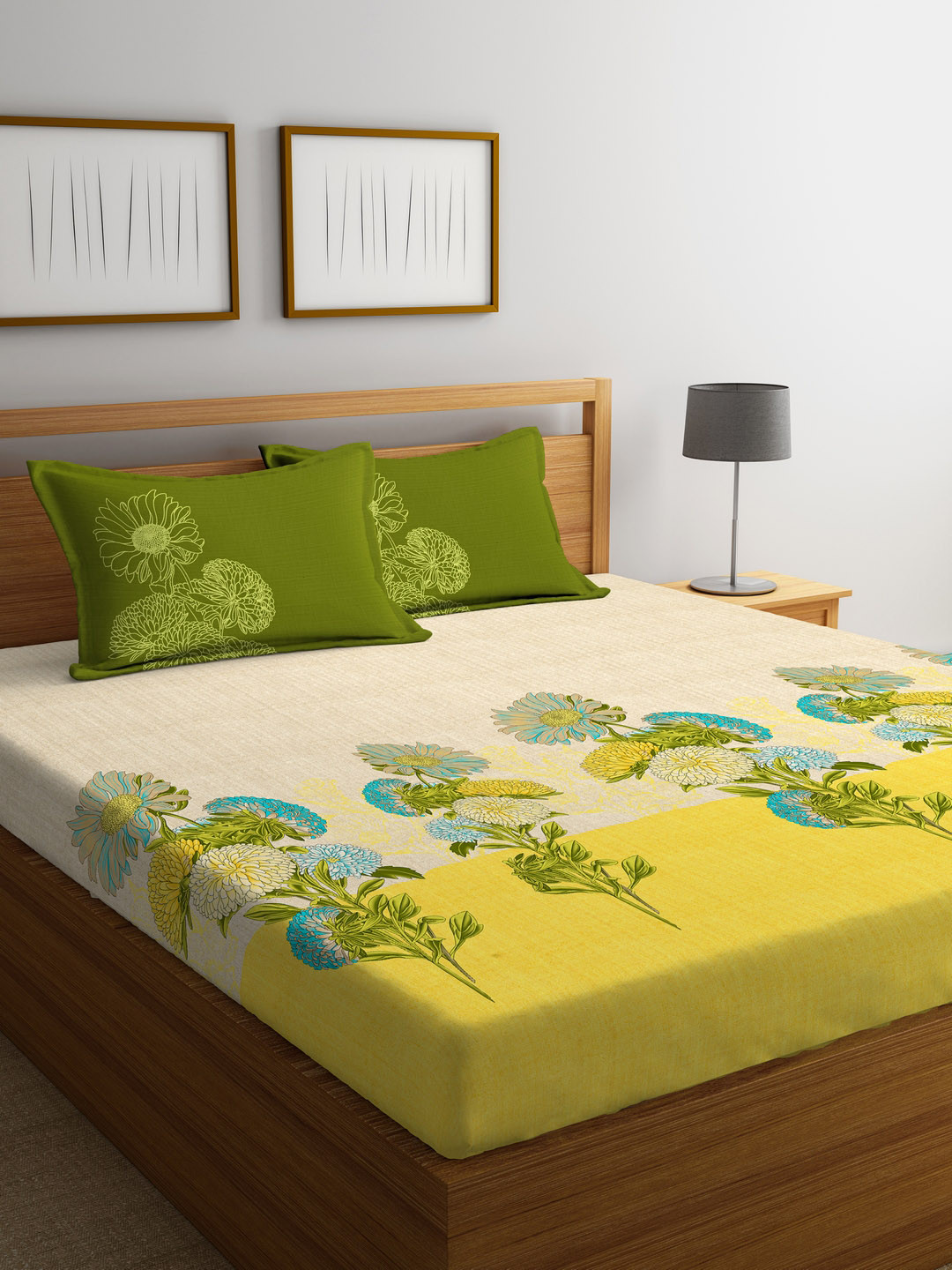 Buy Portico New York Beige & Green Floral Flat 144 TC Cotton 1 King