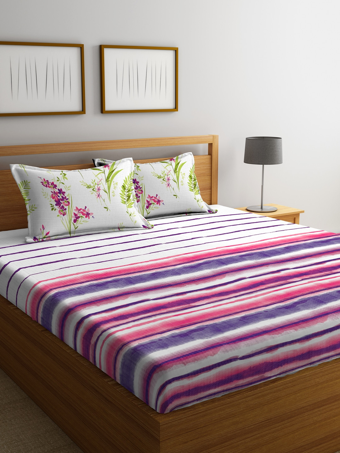 Buy Portico New York White & Pink Striped Flat 144 TC Cotton 1 King