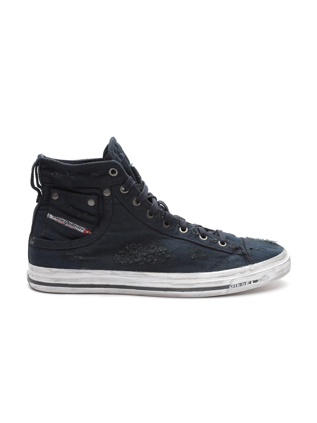 Buy DIESEL Men Navy Blue Distressed Mid Top Denim Sneakers Casual