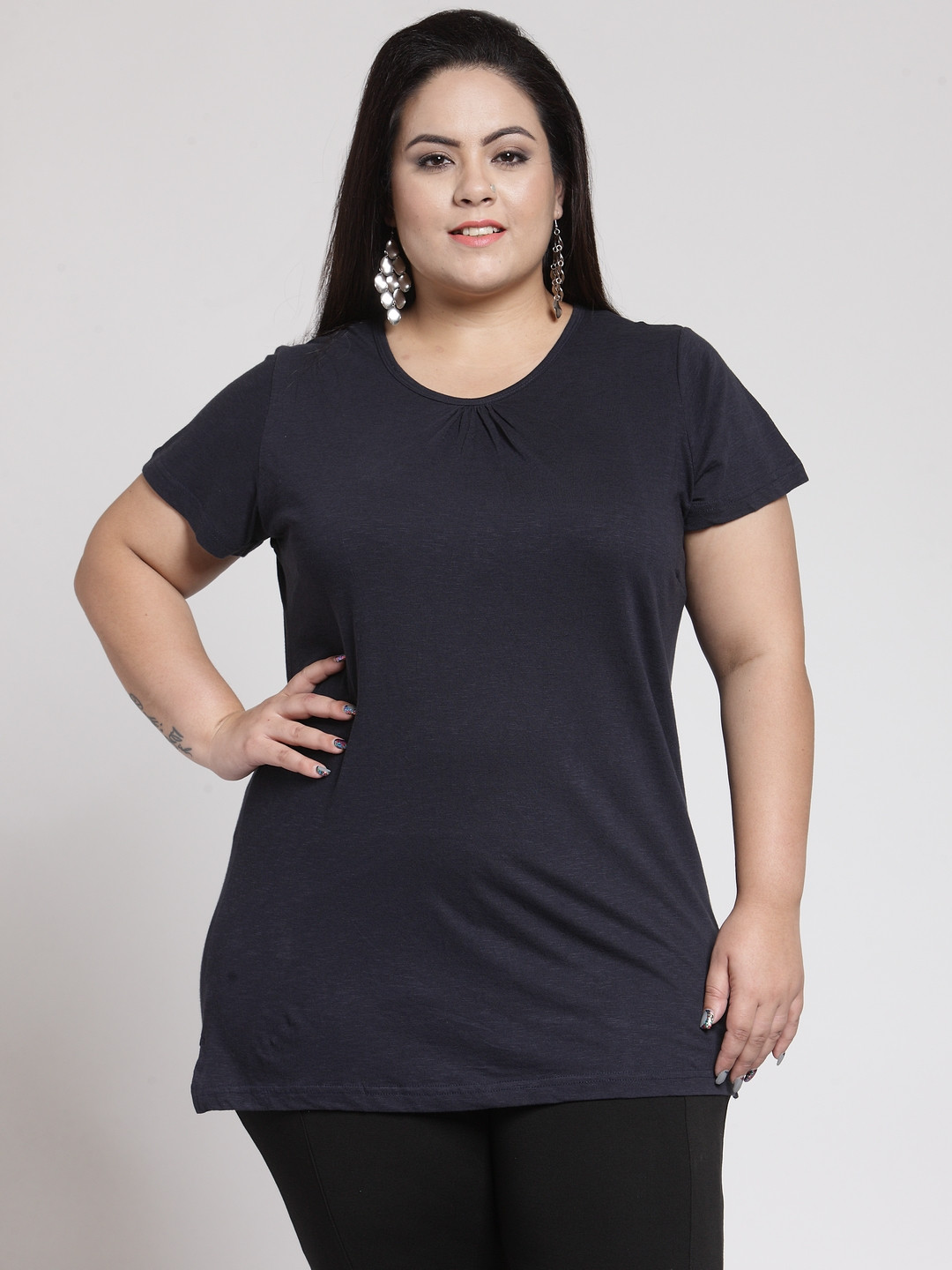 Buy PlusS Women Navy Blue Solid Round Neck T Shirt - Tshirts for Women ...