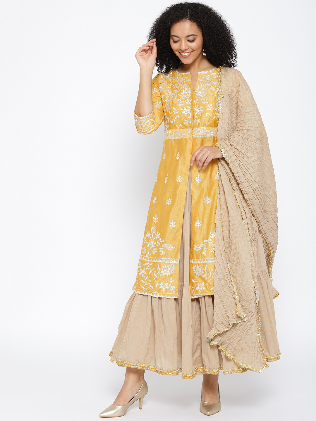 Buy Biba Women Mustard Yellow & Beige Embroidered Kurta With Skirt