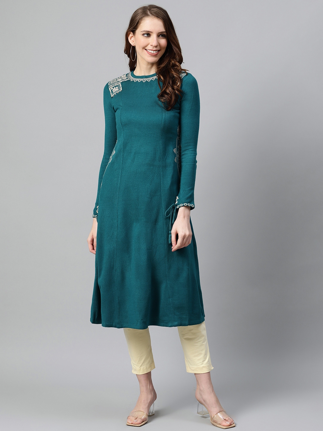 Buy W Women Teal Blue Geometric Embroidered Winter Kurta - Kurtas for ...
