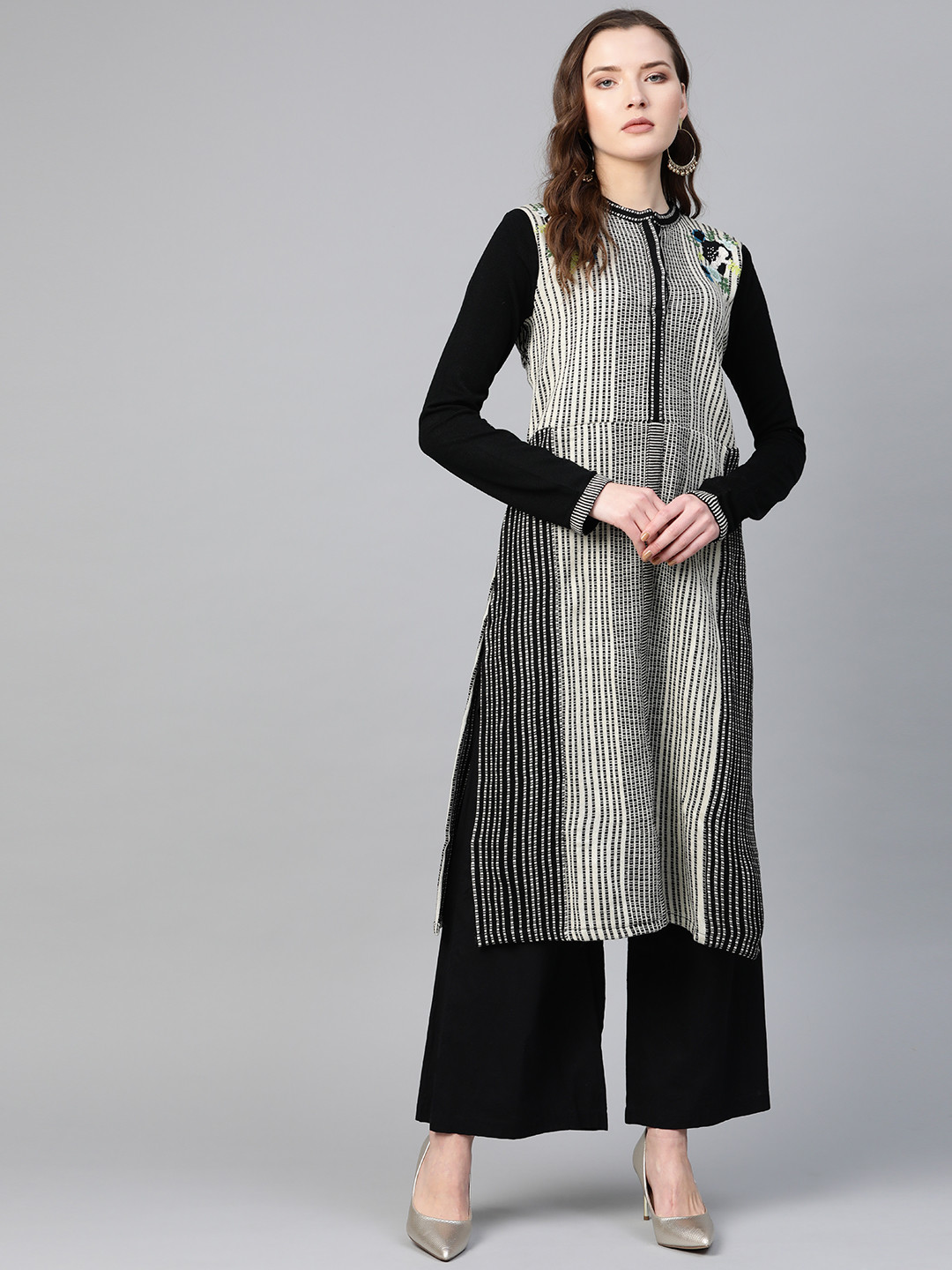 Women's Black Striped Straight Kurta