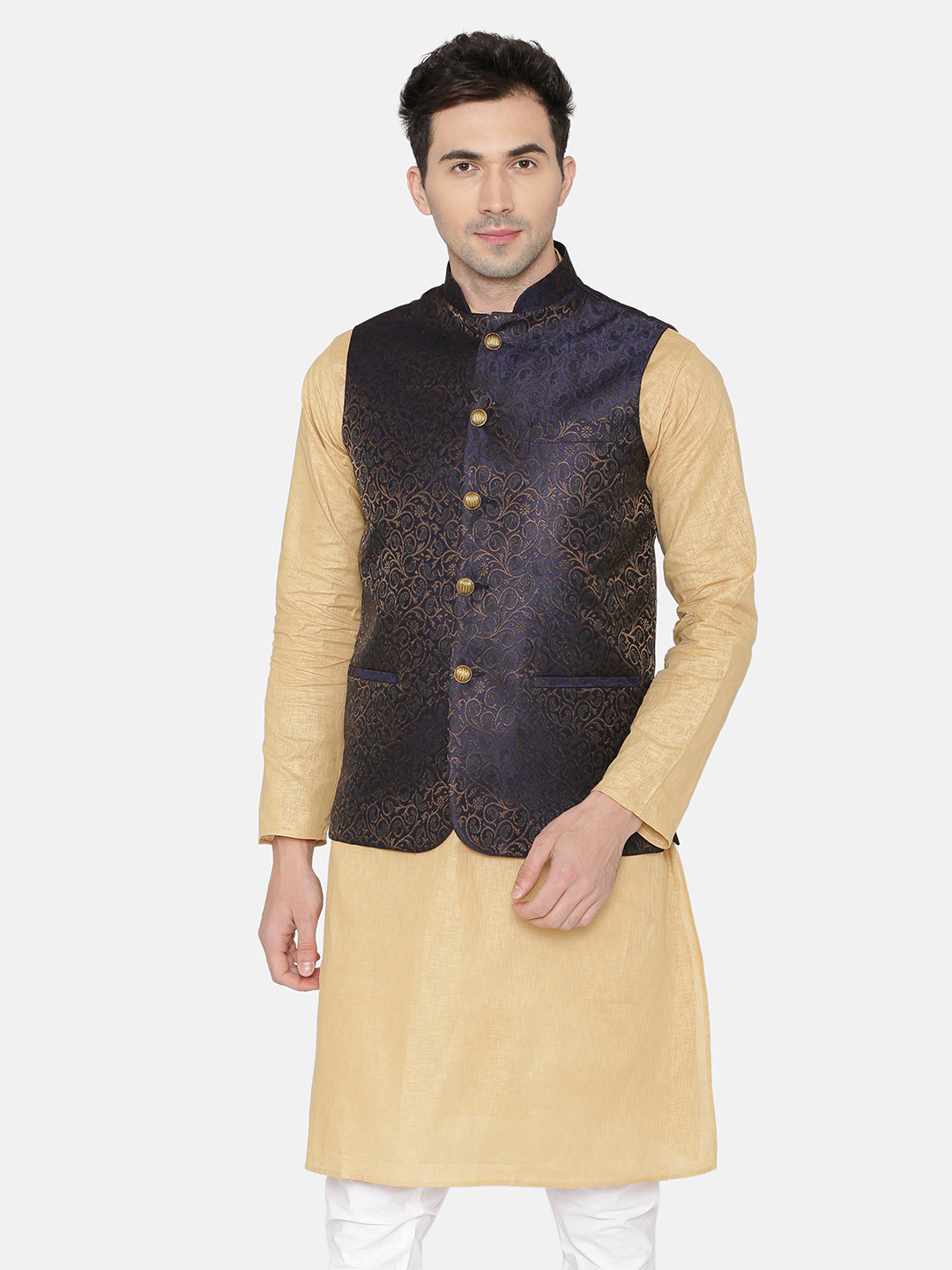 Men Blue & Beige Printed Pure Cotton Neharu Jacket main image 1