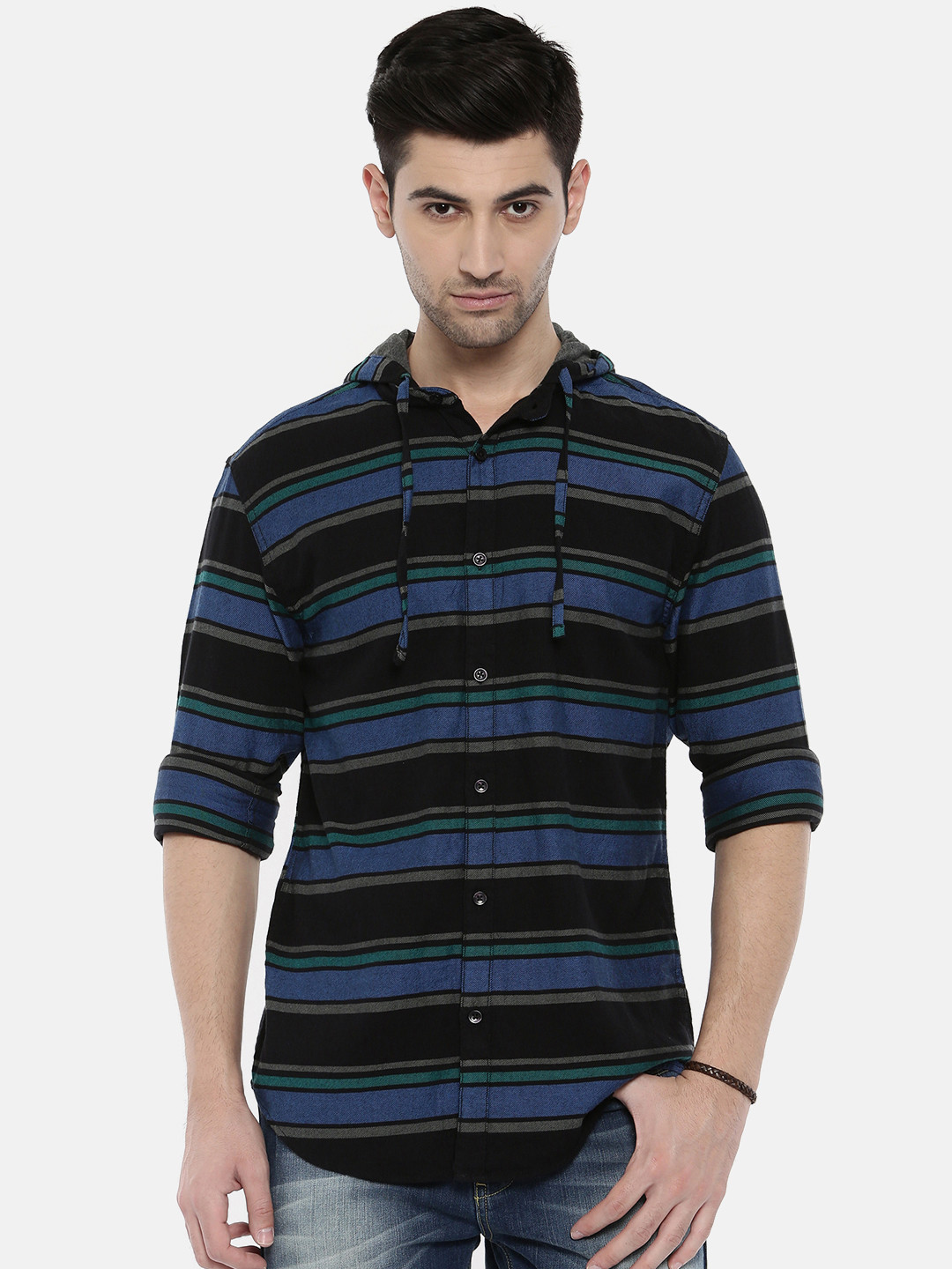 Buy Breakbounce Men Black & Blue Slim Fit Striped Casual Hooded Shirt