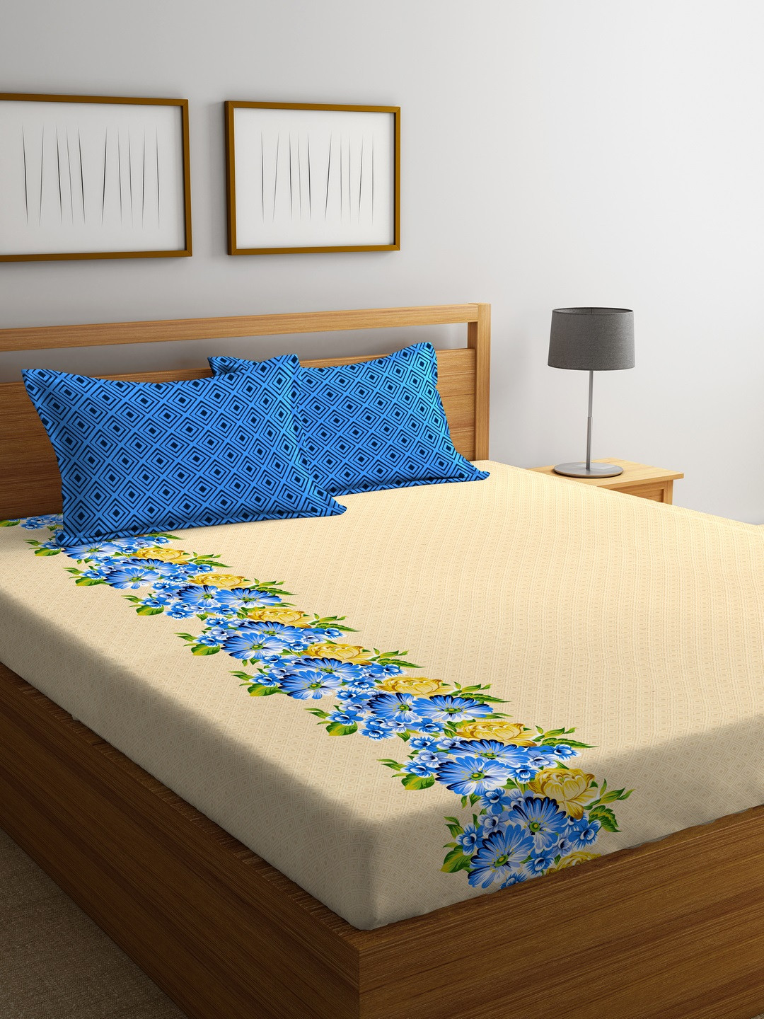 Buy Portico New York Beige Floral Flat 144 TC Cotton 1 Queen Bedsheet