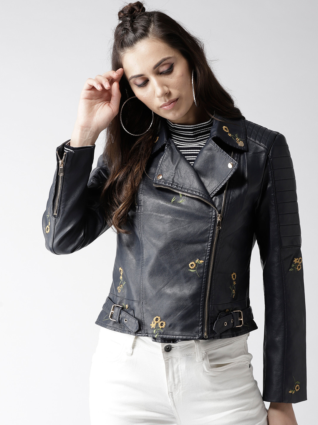 Buy Madame Women Navy Blue Asymmetric Closure Embroidered Biker Jacket - Jackets for Women 
