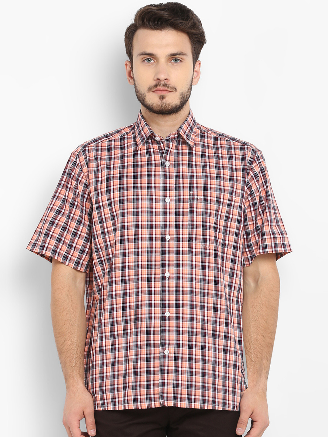 Buy ColorPlus Men Orange Regular Fit Checked Casual Shirt Shirts for