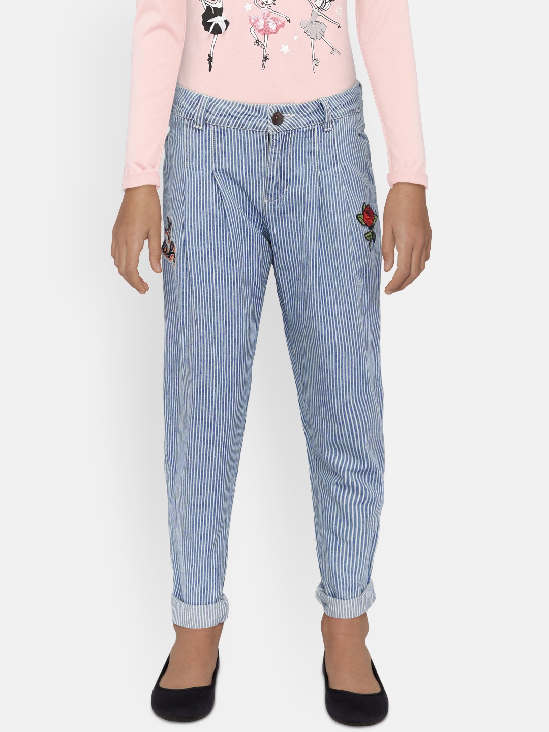 blue and white striped trousers