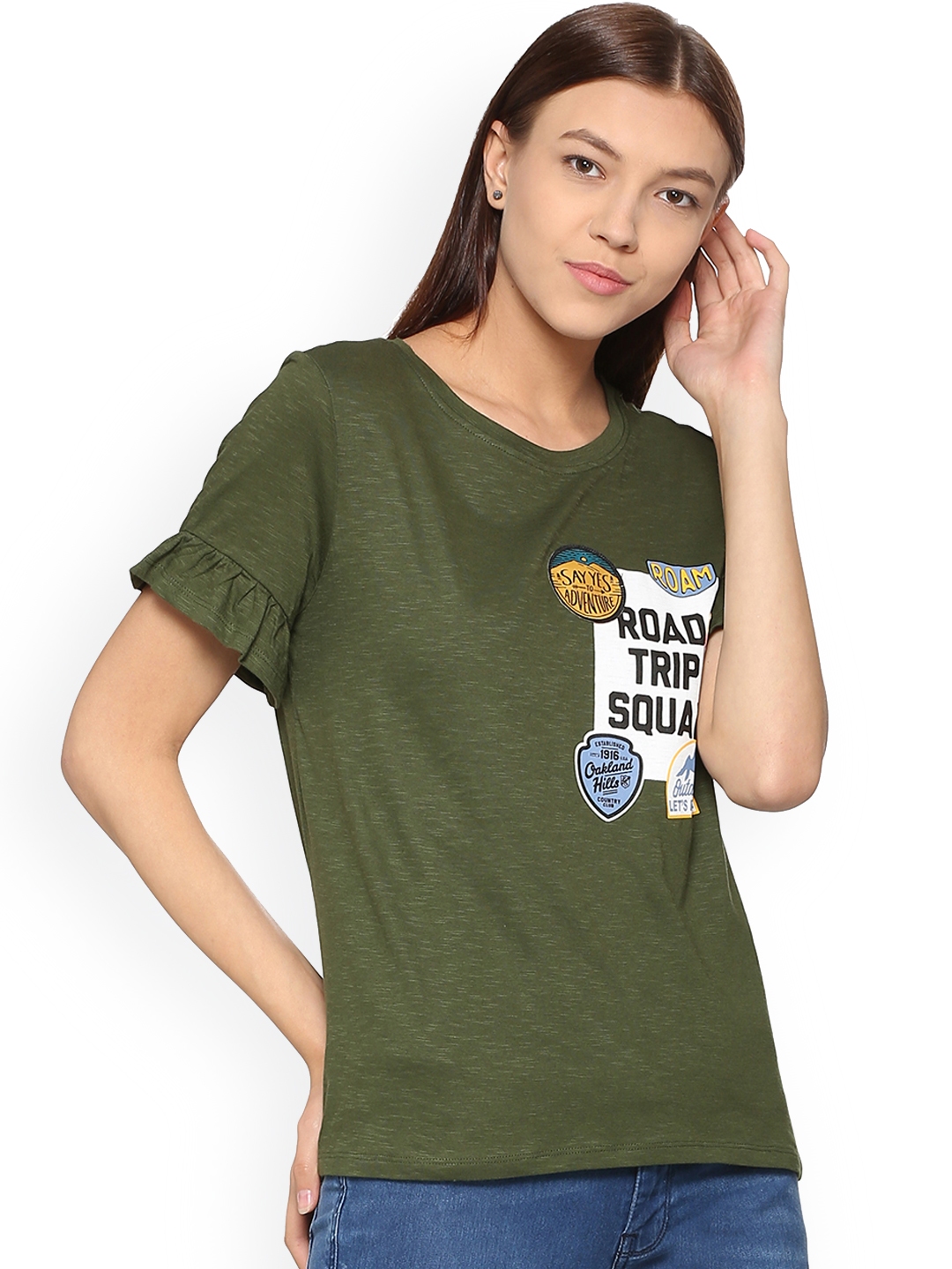 Buy People Women Olive Green Printed Round Neck Pure Cotton T Shirt ...
