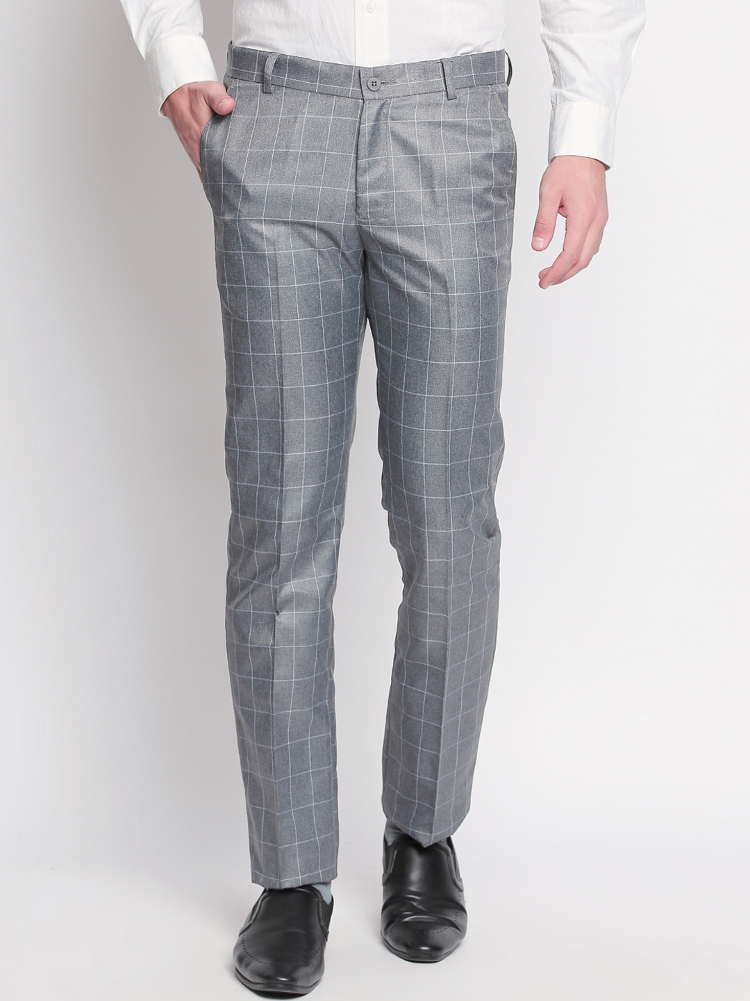 Buy Solemio Men Grey Slim Fit Checked Formal Trousers Trousers for