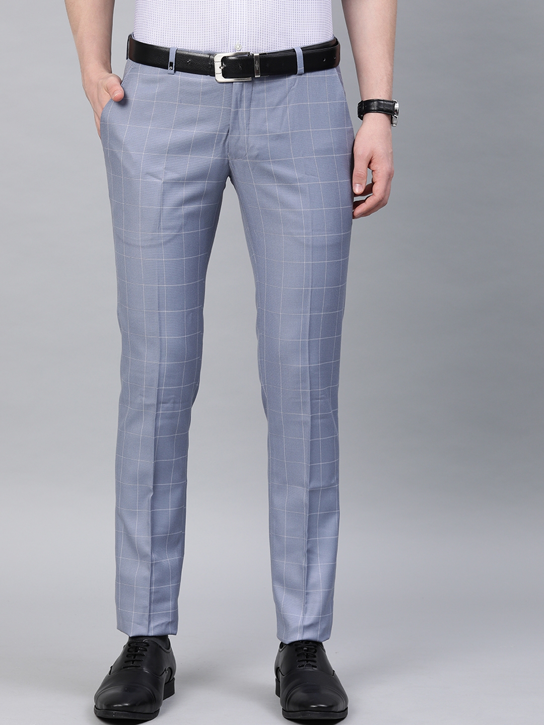 Buy Oxemberg Men Blue Slim Fit Checked Formal Trousers - Trousers for ...