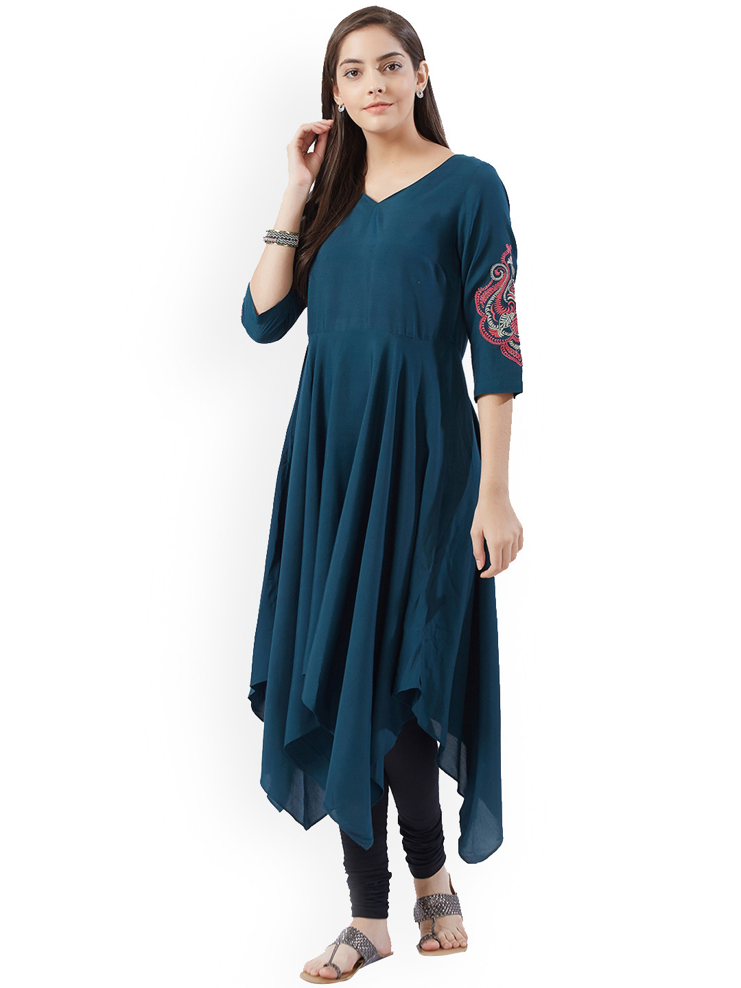 Women's Teal Geometrical Fit and Flare Kurta