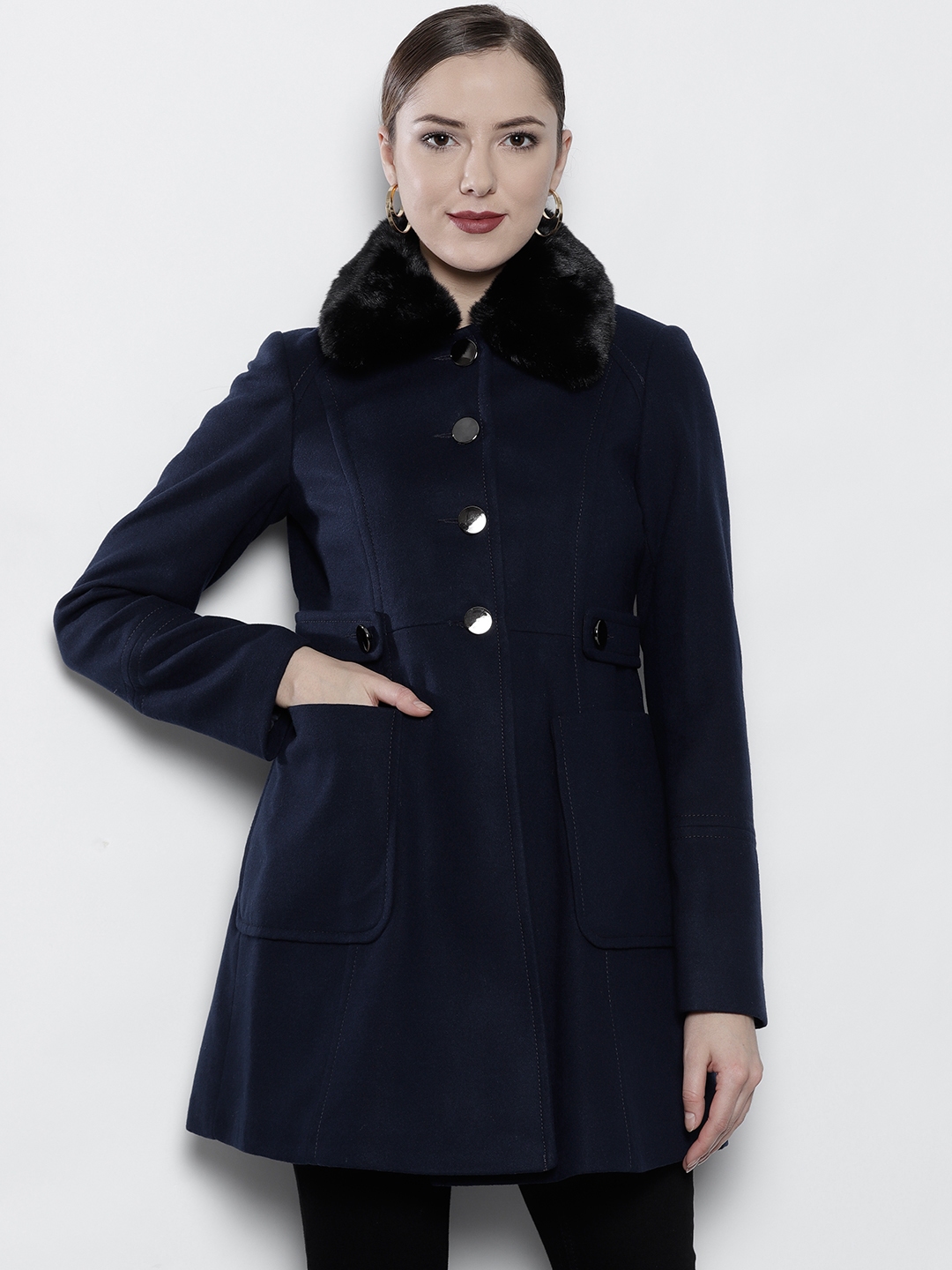 Buy DOROTHY PERKINS Women Navy Blue Solid Overcoat - Coats for Women ...