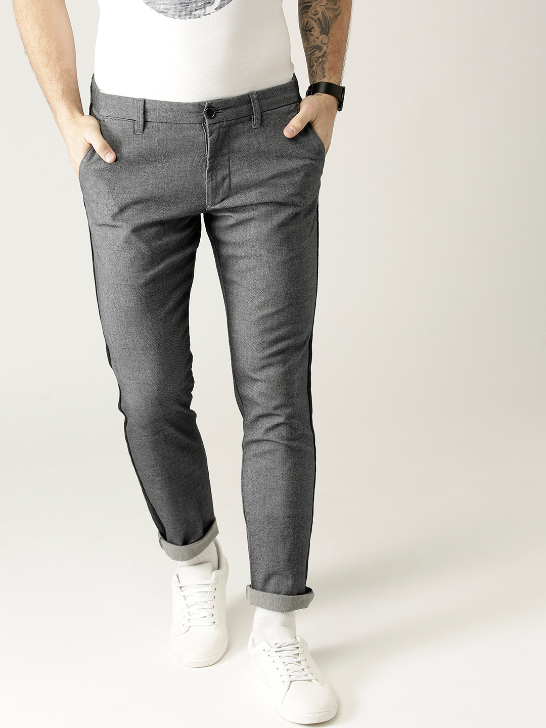 Buy ESPRIT Men Charcoal Grey Slim Fit Solid Regular Trousers - Trousers ...