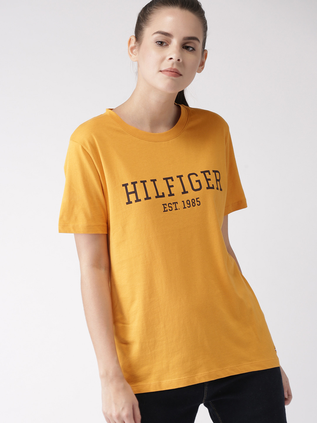 Buy Tommy Hilfiger Women Mustard Yellow Printed Round Neck Pure Cotton