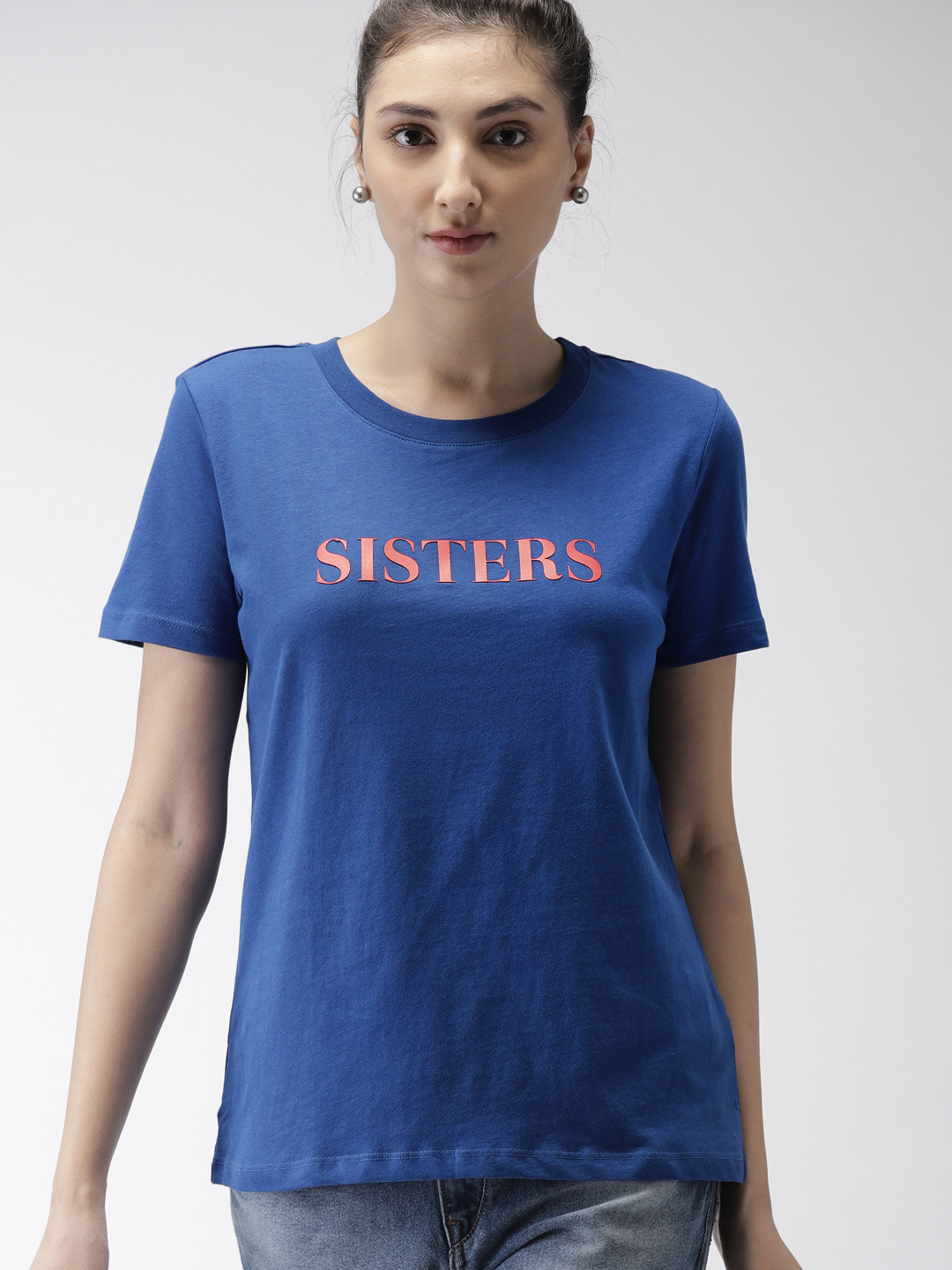Buy FOREVER 21 Women Blue Printed Pure Cotton T Shirt Tshirts for