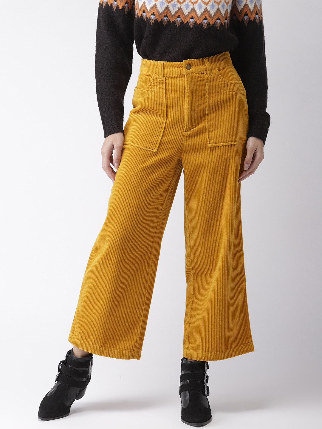 Buy FOREVER 21 Women Mustard Yellow Regular Fit Solid Corduroy Regular
