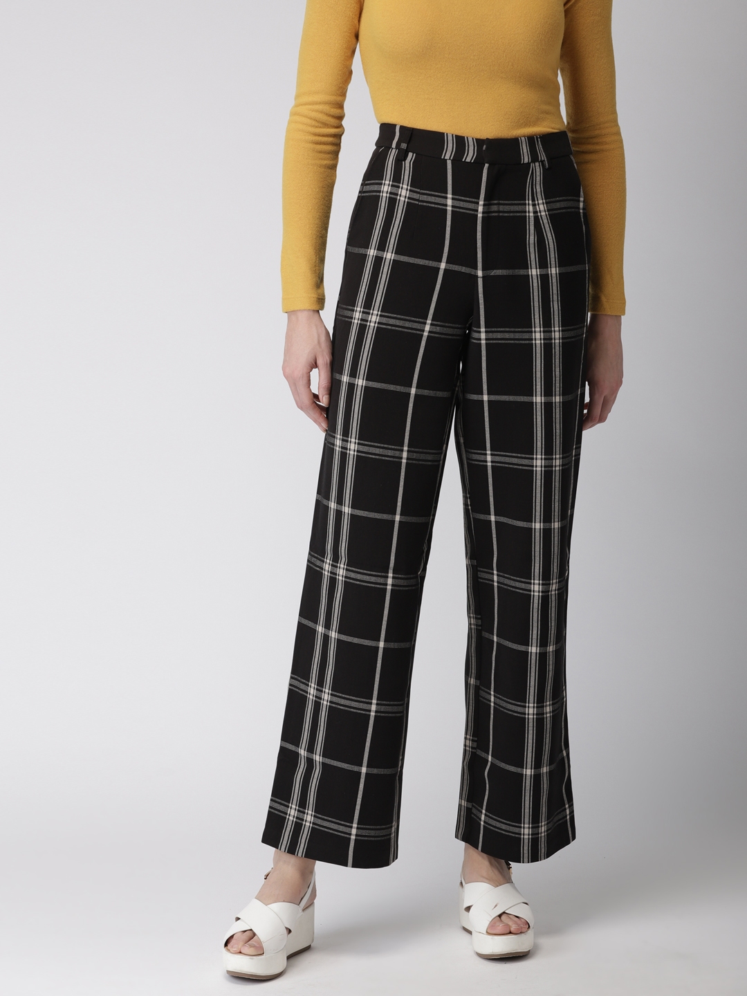 Buy FOREVER 21 Women Black & Beige Flared Checked Parallel Trousers ...