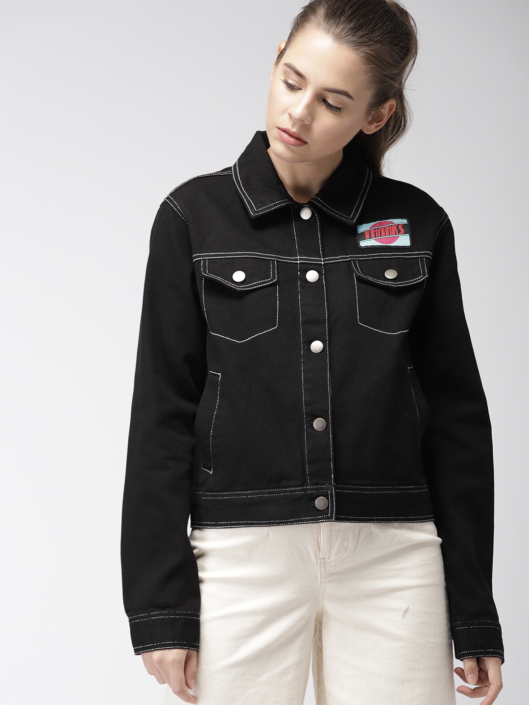 Buy FOREVER 21 Women Black Solid Denim Jacket Jackets for Women