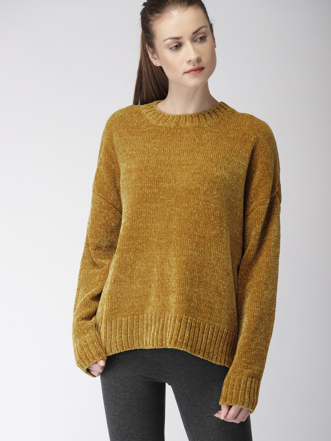Buy FOREVER 21 Women Mustard Yellow Solid Pullover Sweaters for Women