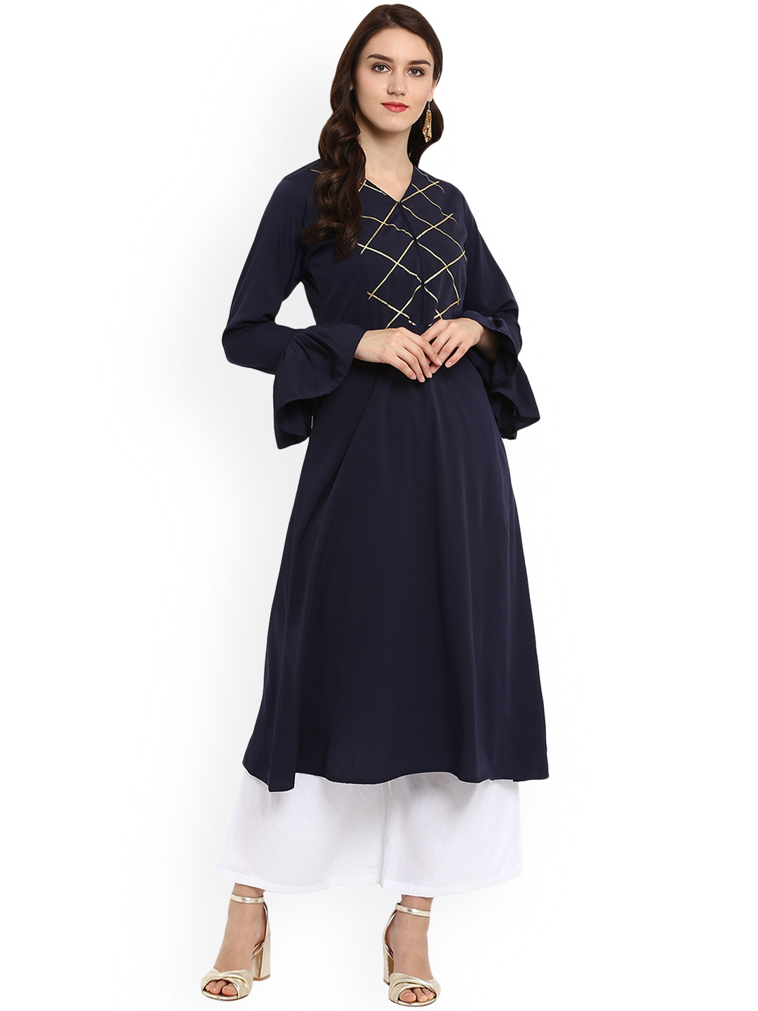 Buy ZIYAA Women Blue Yoke Design A Line Flared Sleeves Kurta Kurtas
