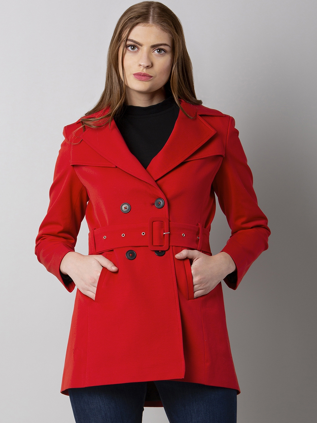 Buy FabAlley Women Red Solid Double Breasted Trench Coat - Coats for ...
