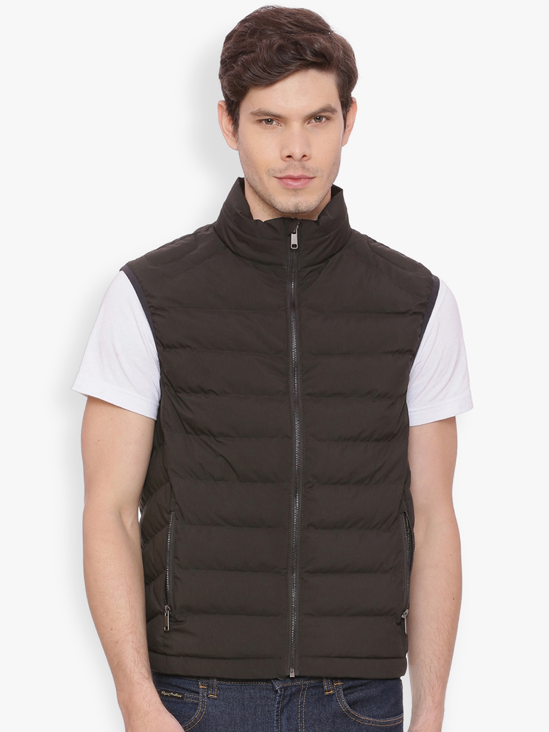 Buy Basics Men Brown Solid Puffer Sleeveless Jacket - Jackets for Men ...