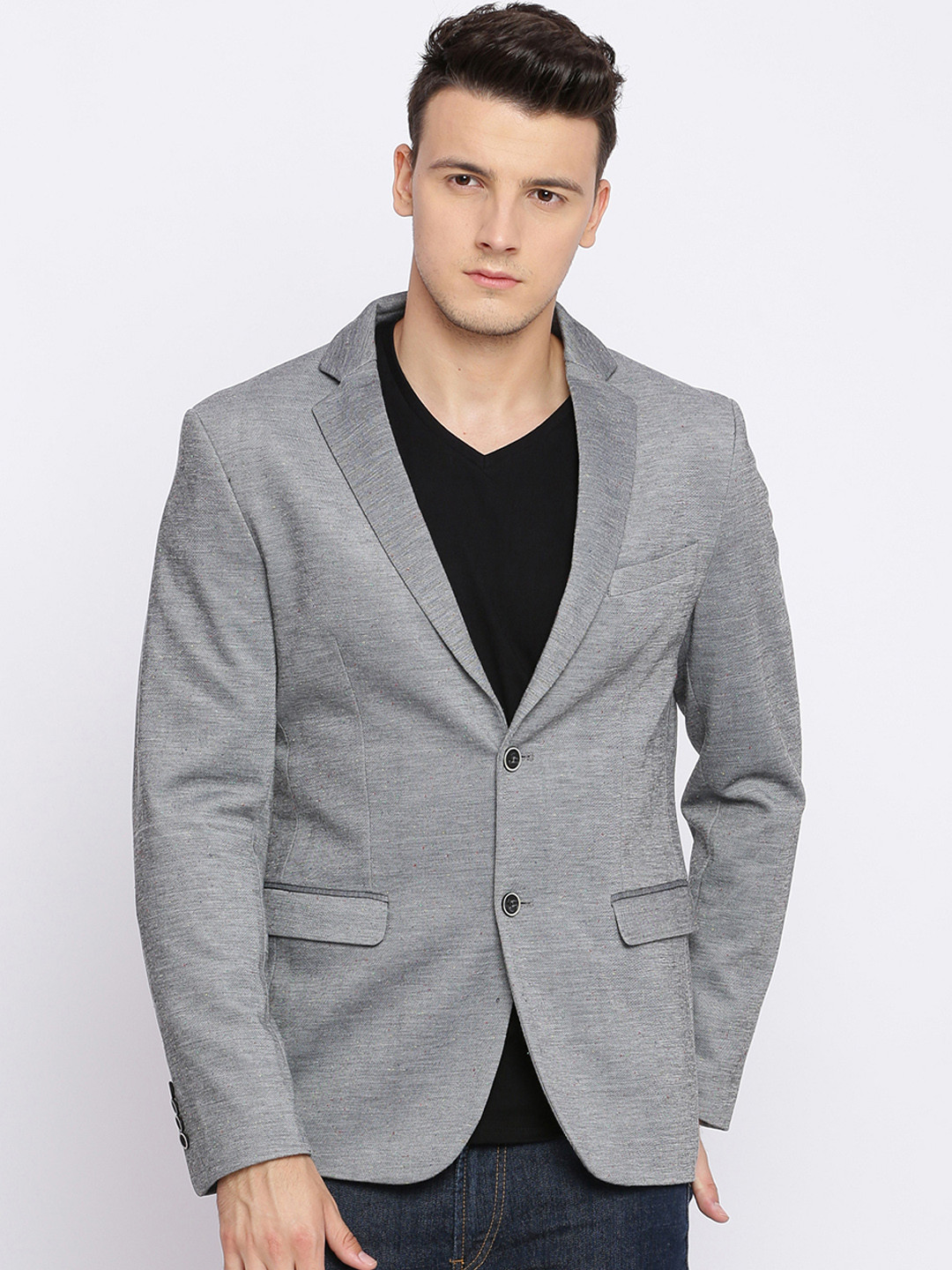 Men's Grey Solid Slim-Fit Single-Breasted Casual Blazers