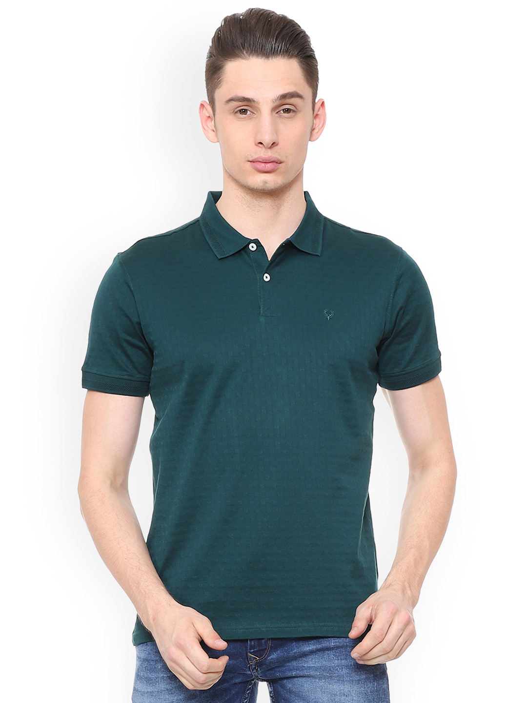 Buy Allen Solly Men Green Self Design Polo Collar Pure Cotton T Shirt