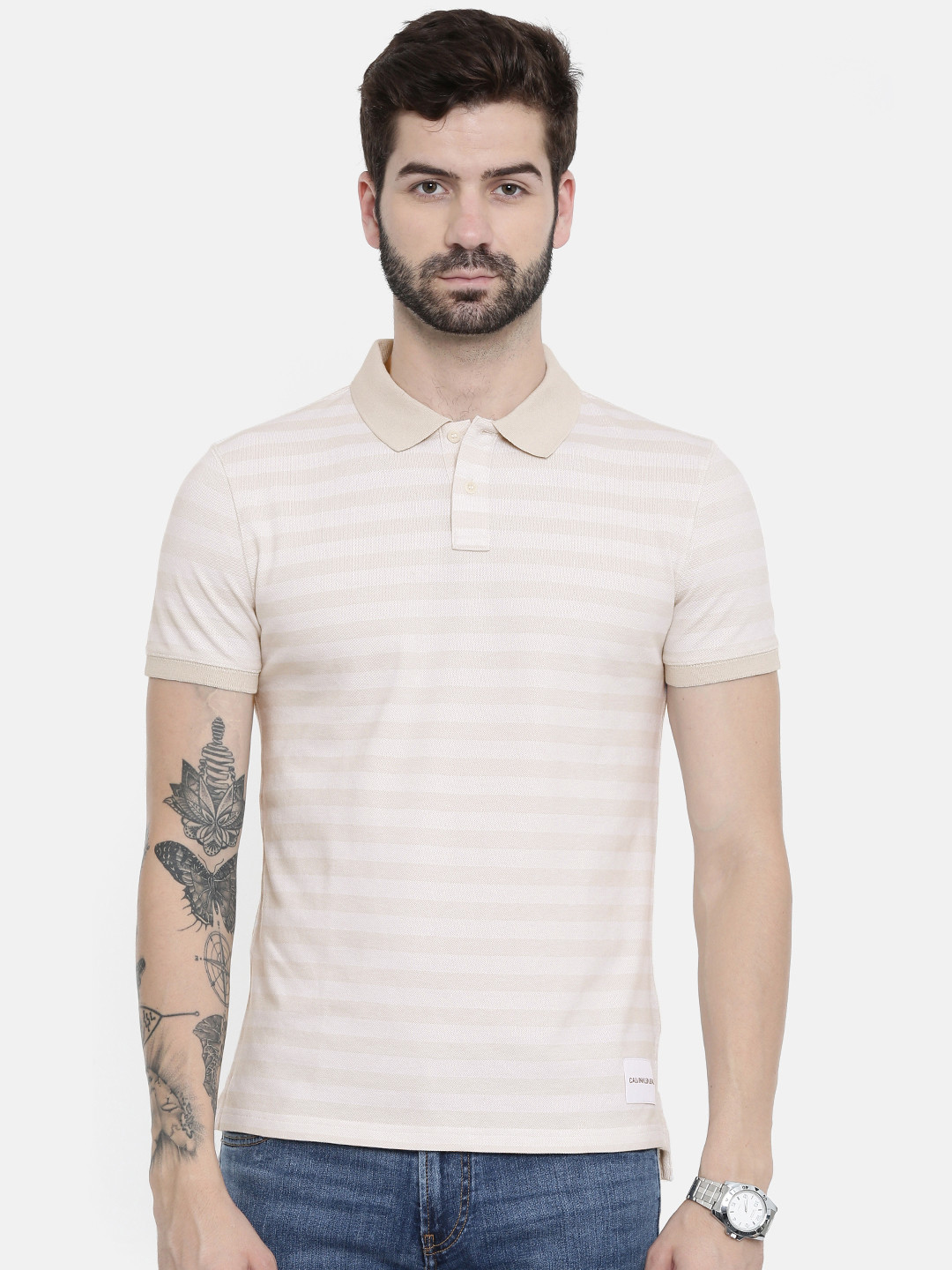 Buy Calvin Klein Jeans Men Beige & Off White Slim Fit Striped Polo