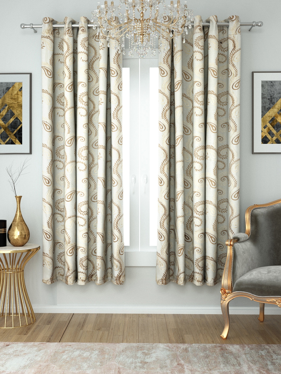 Buy Aura Set Of 2 Beige & Brown Sheer Embroidered Window Curtains ...