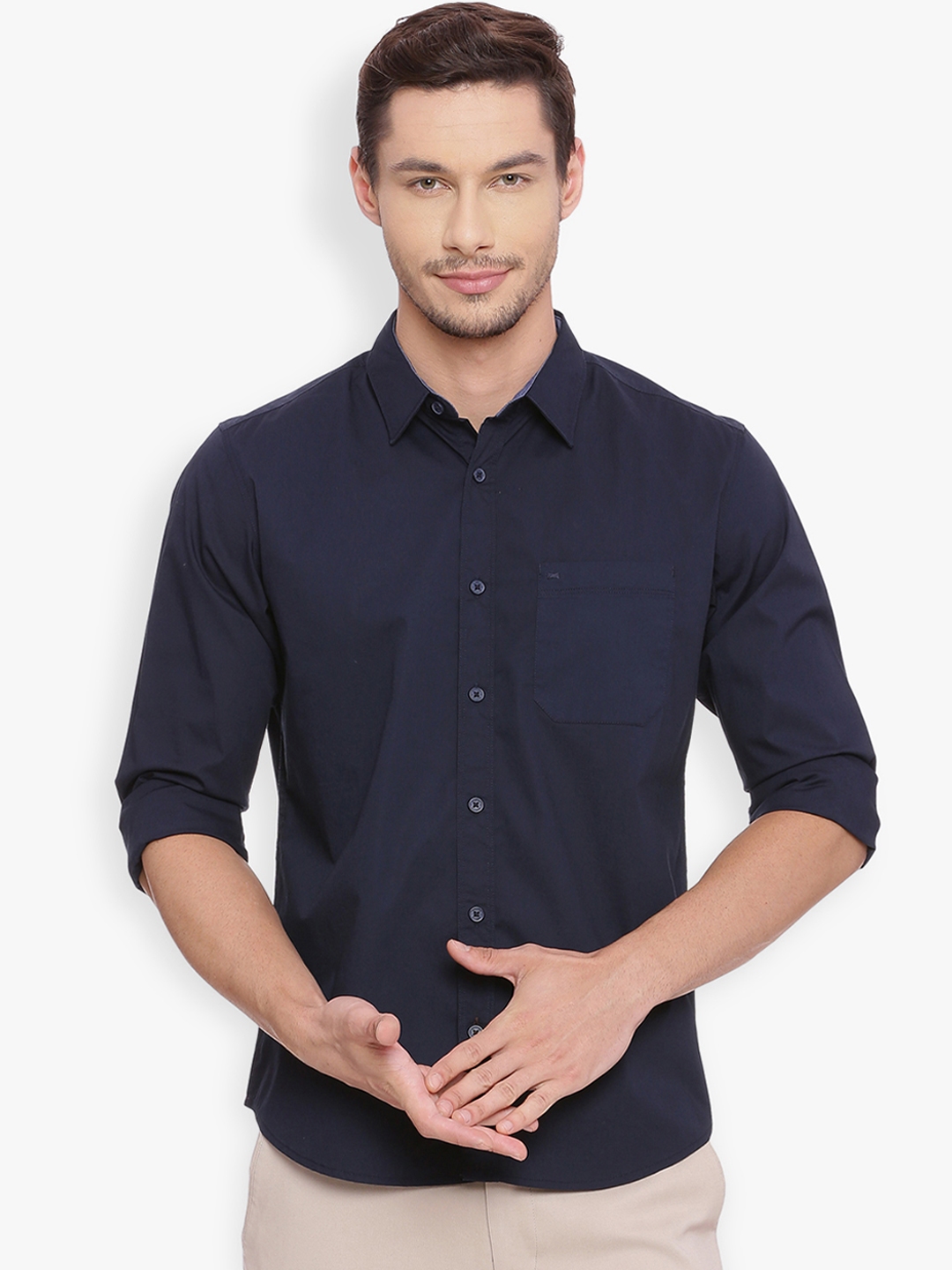 Buy Basics Men Navy Blue Slim Fit Solid Casual Shirt - Shirts for Men ...