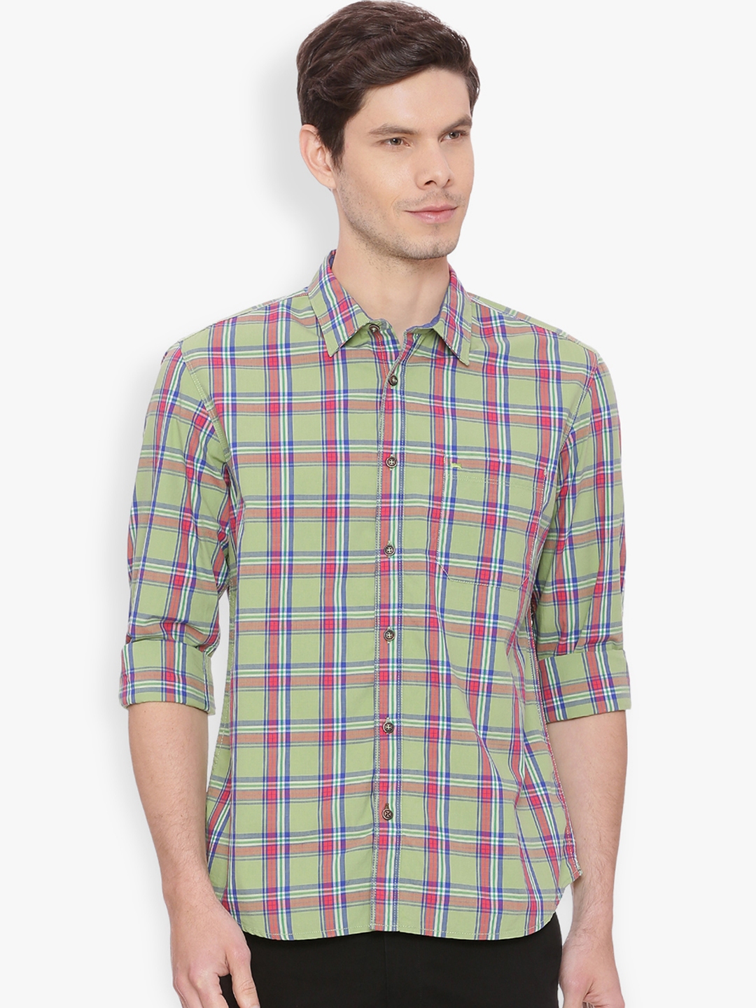 Buy Basics Men Green & Pink Slim Fit Checked Casual Shirt - Shirts for ...