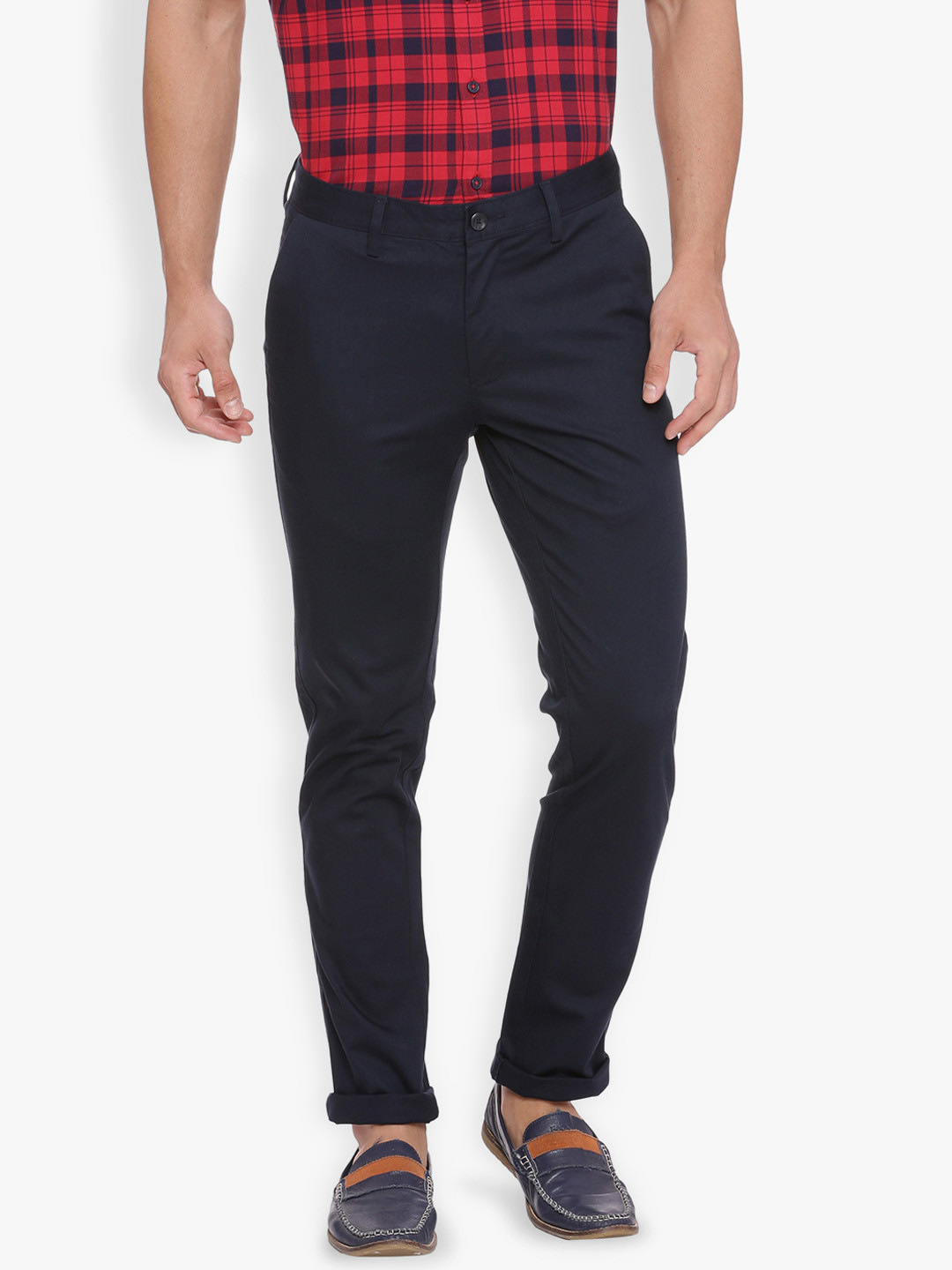 Buy Basics Men Navy Blue Tapered Fit Self Design Chinos Trousers for